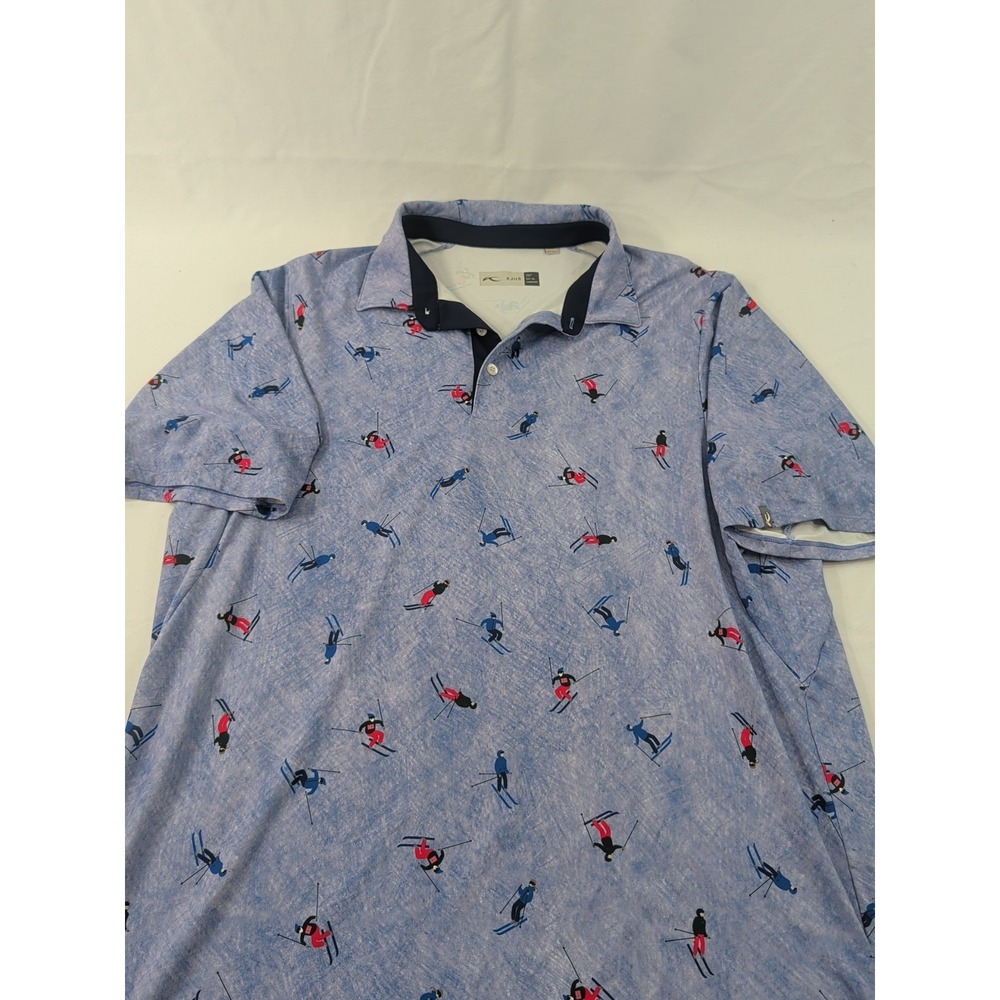 Kjus Polo Shirt Mens XLarge 54 Blue Skier Print Comfort Golf UPF 50+ Performance